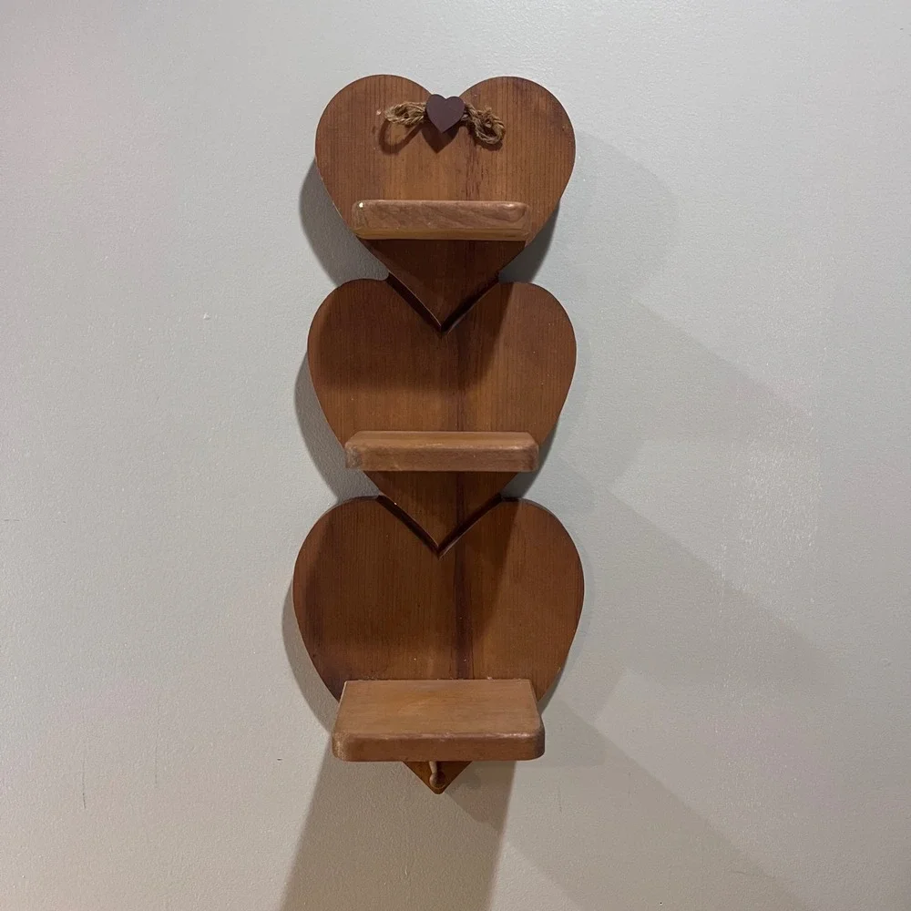 Vtg Country Primitive Wooden Triple Heart Wall Shelf Rustic Farmhouse‎ Decor 20